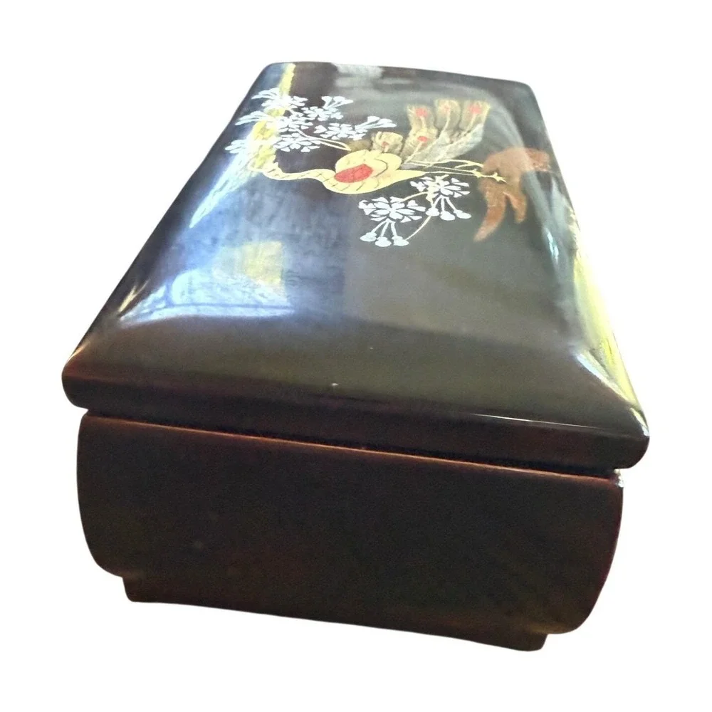 Vintage Japanese Black Lacquer Jewelry Box Peacock Cherry Blossom Mirror